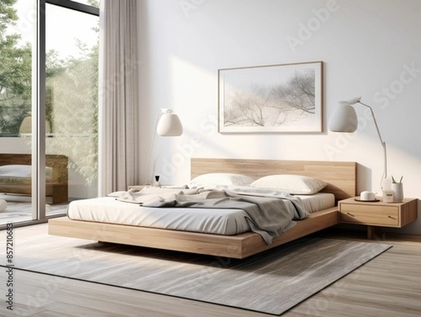 Fototapeta A minimalist bedroom with a neutral color palette, featuring a low platform bed, simple wooden nightstands, and a single piece of abstract wall art. The room has large windows letting in natural light