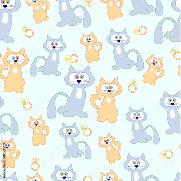 Fototapeta Blue cats and beige to green background. Pattern. Vector illustration