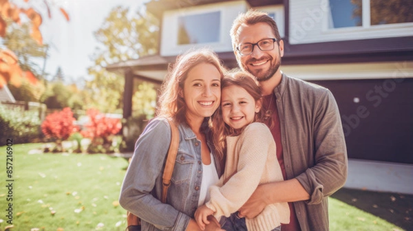 Obraz Happy, smiling family with children moving against the backdrop of their new home in the yard.