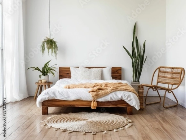 Fototapeta A minimalist bedroom with a bohemian flair. The space includes a low bed with white sheets, a macrame wall hanging, a woven jute rug, and a single rattan chair. The room has white walls and wooden flo