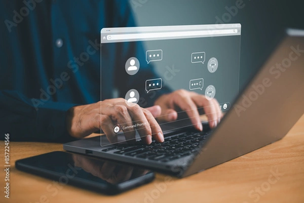 Obraz Chatbot artificial intelligent concept, digital customer service application. Man use computer mobile application with artificial intelligence, chat bot assistant online conversion to help business
