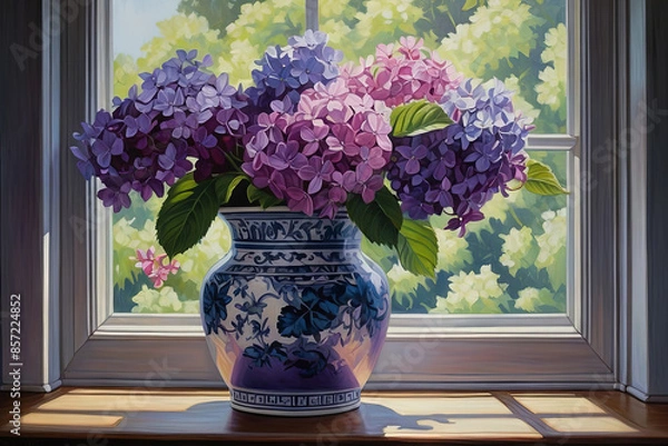 Obraz a painting of a vase filled with purple flowers
