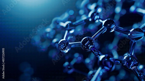 Fototapeta 3D illustration of a blue molecule structure intricate details glowing effects set against a dark gradient background hyper-realistic rendering 