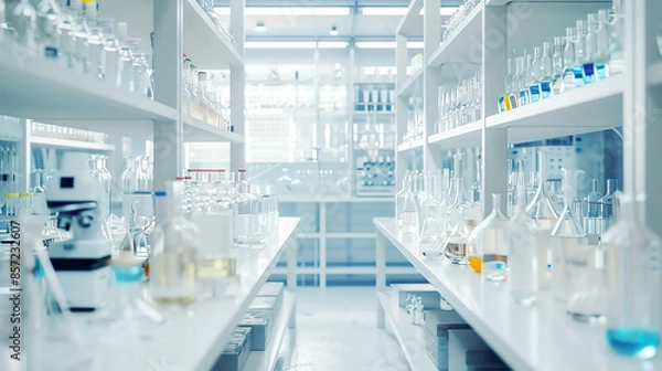 Fototapeta Detailed view of a laboratory various lab instruments and glassware bright and organized workspace high-definition clean and modern 