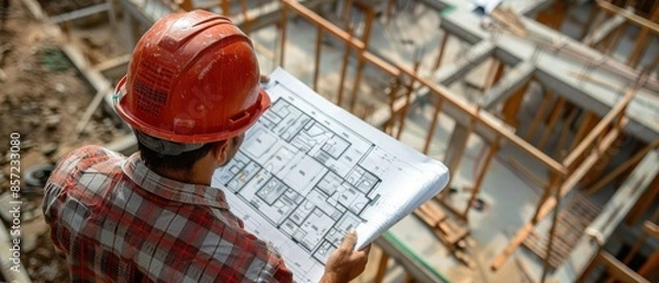 Fototapeta Architect reviewing blueprints at a construction site