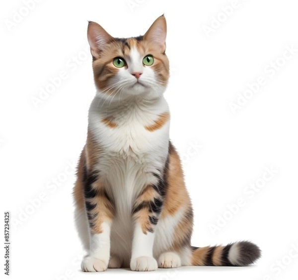 Obraz Isolated calico cat with bright green eyes, on a white background