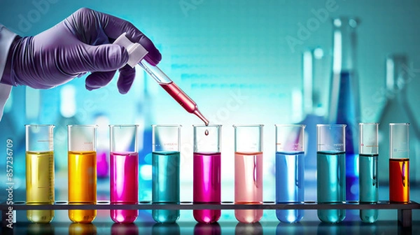 Fototapeta Test tubes with liquid in a laboratory doctor hand holding a dropper with dripping liquid bright and clean lab setting detailed and realistic banner format for website advertising 
