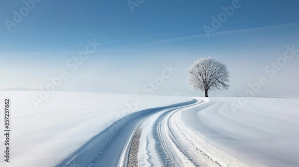 Obraz lone tree and snow-covered path under a clear sky
