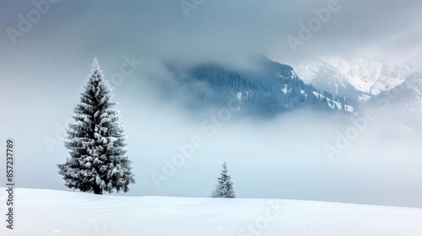 Fototapeta snowy landscape with pine trees in the mist