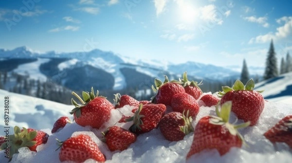 Fototapeta strawberries on the snow close-up