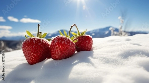 Fototapeta strawberries on the snow close-up