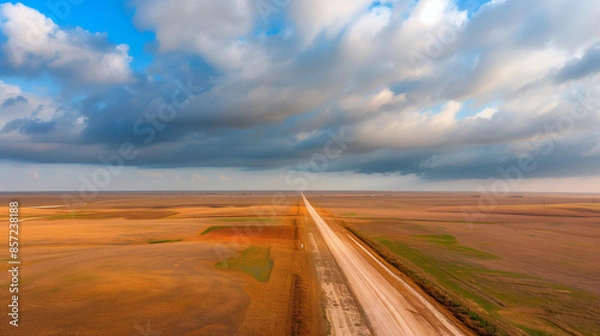 Obraz straight road through vast open fields under dramatic sky