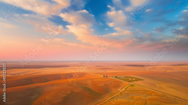 Fototapeta aerial view of open fields at sunset