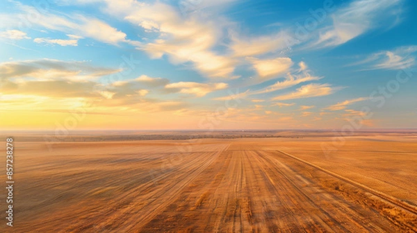 Fototapeta aerial view of expansive fields under colorful sky