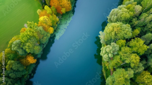 Fototapeta aerial view of river surrounded by lush greenery