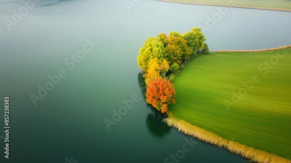 Fototapeta aerial view of green fields with autumn trees by the river