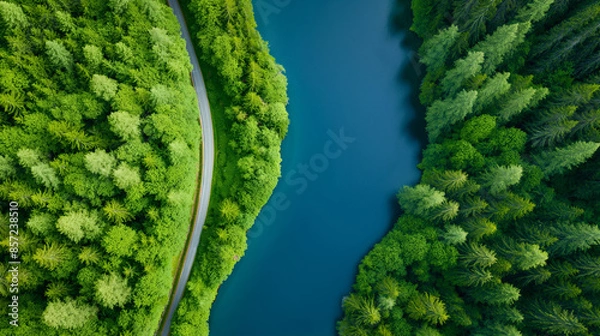 Fototapeta aerial view of river through dense forest