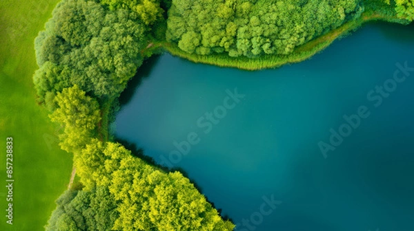 Fototapeta aerial view of a lake surrounded by dense forest