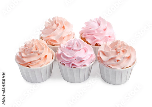 Fototapeta Tasty cupcakes with cream isolated on white