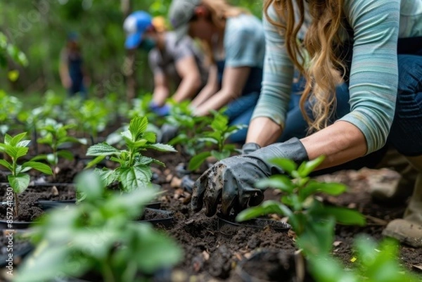 Fototapeta A group of people planting trees in a reforestation effort, with young saplings and gardening tools visible. 