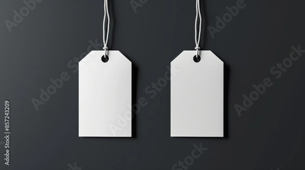 Fototapeta 2 white rectangular tags hanging on strings. 
