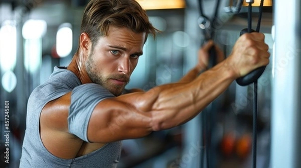 Fototapeta A man with an intense expression is working out using gym equipment, demonstrating his dedication to achieving peak physical fitness and building powerful muscles through rigorous training.