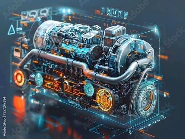 Fototapeta Technology meets transportation: Electronic circuit board components integrated with automotive parts, showcasing innovation and engineering in vehicles