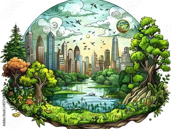 Fototapeta Illustration of various landscapes: a forest with trees, a lone tree in a field, and a scenic view with trees and a house