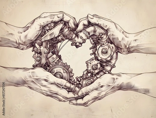 Fototapeta A hand-drawn heart held by a woman surrounded by flowers and patterns in an artistic black ink sketch with waves of color and light