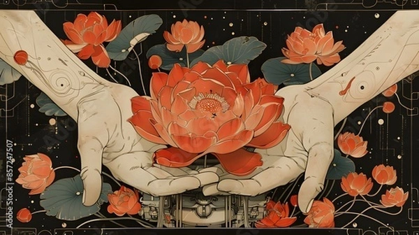 Fototapeta A red rose in the garden and on paper with flowers blooming beautifully