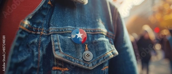 Fototapeta Close-up of a political campaign button pinned on a person's jacket, patriotic design, set against a blurred background of a rally, bright and sharp focus