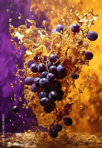 Fototapeta Water splashes of a lot of grape flying in the air. Abstraction smoke composition psychedelic on a golden background. Food fruit juicy yummy template.

