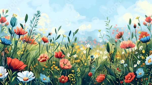 Obraz Spring Flower Meadow Illustration – Vibrant Floral Landscape