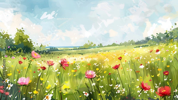 Obraz Spring Flower Meadow Illustration – Vibrant Floral Landscape
