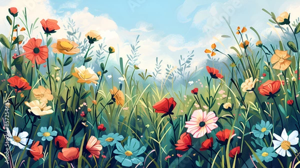 Obraz Spring Flower Meadow Illustration – Vibrant Floral Landscape