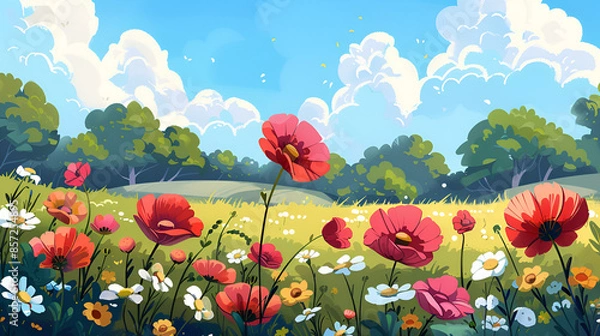 Obraz Spring Flower Meadow Illustration – Vibrant Floral Landscape