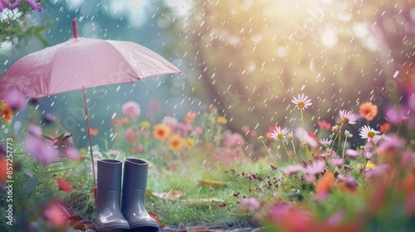 Fototapeta Rainy Day Romance: A cozy scene of a rainy day with raindrops falling on blooming flowers, with an umbrella and rain boots nearby, and a soft pastel sky in the background. 