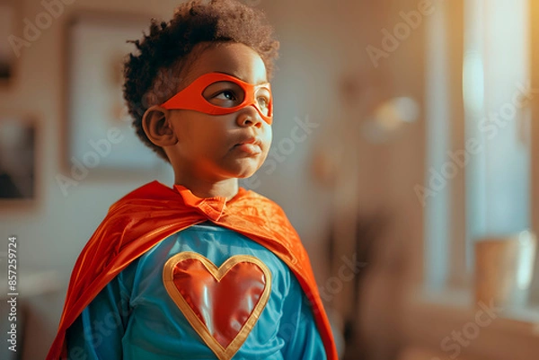 Fototapeta Portrait of an African-American little boy dressed as a superhero looking up to an open window. Generative Ai.	
