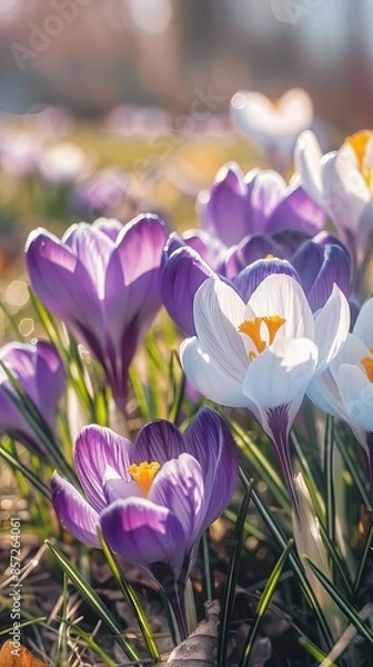 Obraz Purple and white crocus flowers blooming in early spring sunlight, close-up view. Nature and beauty concept