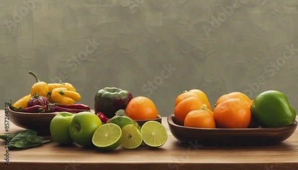 Fototapeta A wooden table with six bowls containing assorted fruits and vegetables such as apples, peppers, oranges, limes, lemons, and an apple near the bottom left corner of the image.