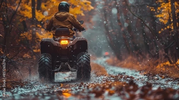 Fototapeta A person in a yellow jacket rides an all-terrain vehicle through a muddy forest path covered in autumn leaves, with light rain creating a picturesque scene of adventure and wilderness.