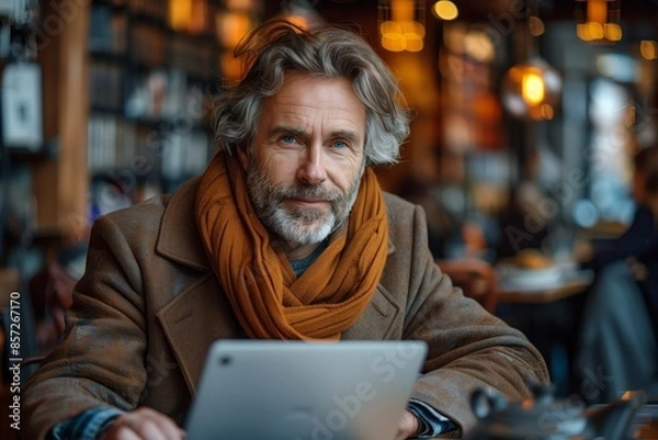 Obraz A Man Wearing a Brown Coat and an Orange Scarf Uses a Tablet in a Coffee Shop