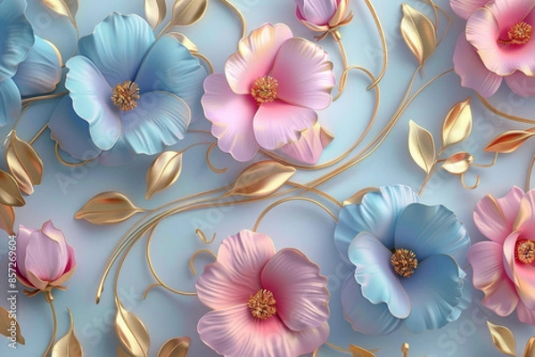 Obraz 3d wallpaper with beautiful flowers, pink and blue colors, golden leaves, decorative elements, elegant style