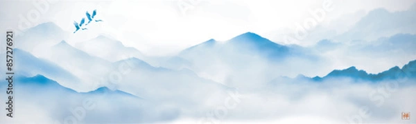 Obraz Cranes flying high above misty blue layered mountains. Traditional oriental ink painting sumi-e, u-sin, go-hua. Translation of hieroglyph - zen