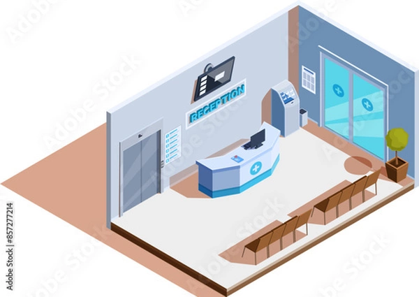 Fototapeta isometric hospital reception with furniture and elevator, vector illustration
