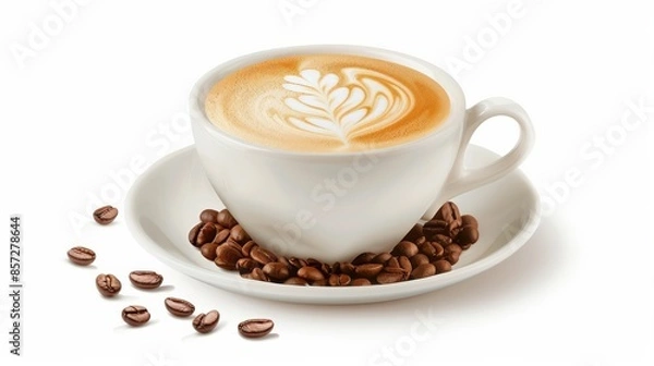 Obraz Cup of latte coffee with latte art surrounded by coffee beans on white background. Morning coffee and relaxation concept