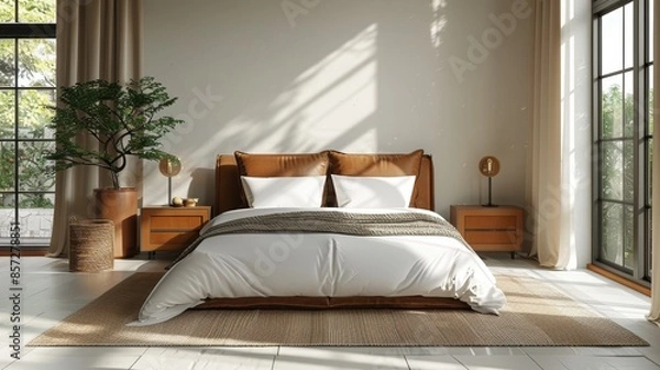 Fototapeta A minimalist bedroom featuring luxurious leather accents, with a clean and unclutte
