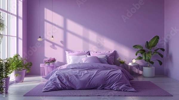 Fototapeta A cozy bedroom with a purple color theme, designed in a minimalist fashion with simple, elegant furniture. The image includes generous copy space for versatile use in various projects.