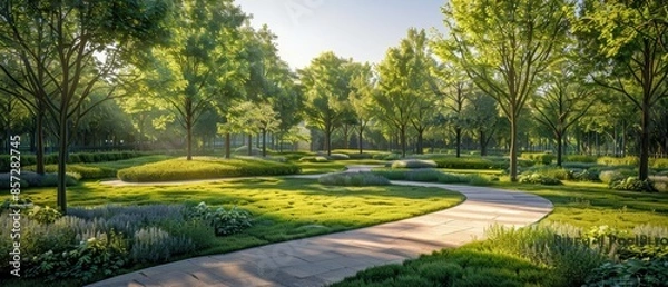 Fototapeta Digital green park with walking paths