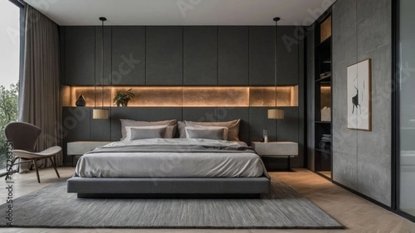 Fototapeta Minimalist and modern double bedroom, contemporary architecture, minimalist architecture, predominant gray colors.